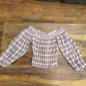 Vici Pink and White Off-Shoulder Blouse with Bell Sleeves